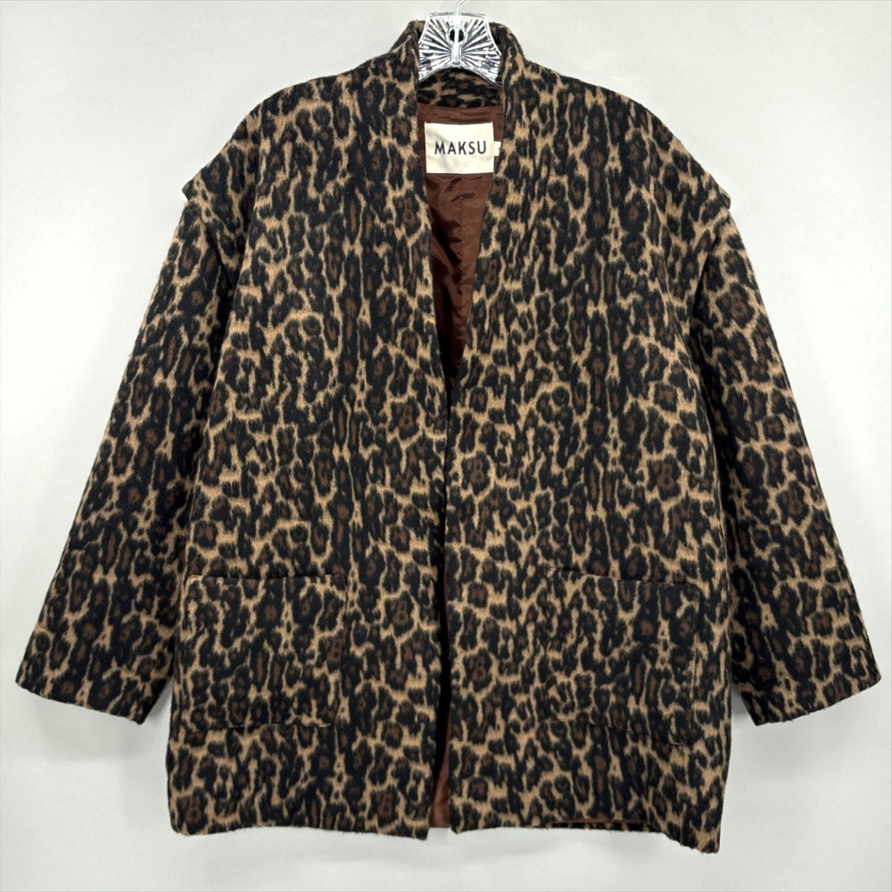 Maksu Coat Womens Small Brown Leopard Animal Print Open Front Lined Oversized